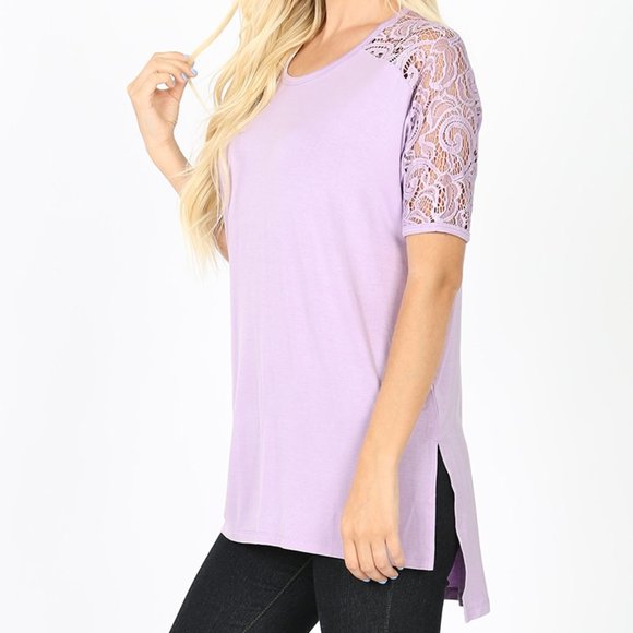 Zenana Outfitters Tops - Lace Sleeve Hi-Low Tunic Lavender Medium